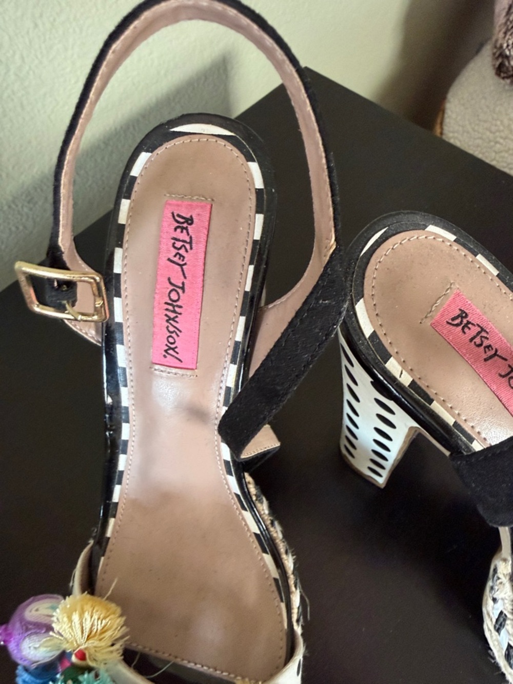 Betsey Johnson Black Polka Dot Pom Pom Platform Heels - Picture 4 of 6